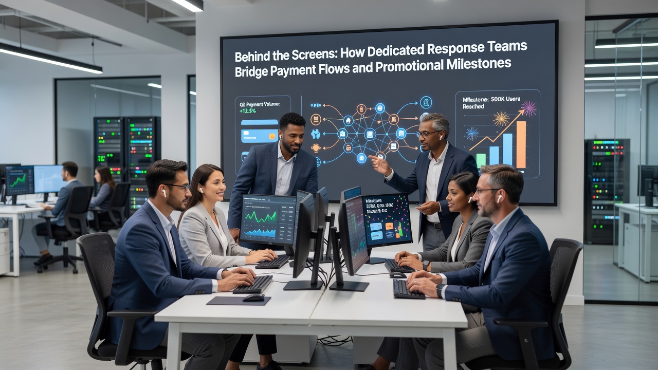 Response team members review transaction logs and loyalty milestone data on multiple screens in a mobile casino operations center