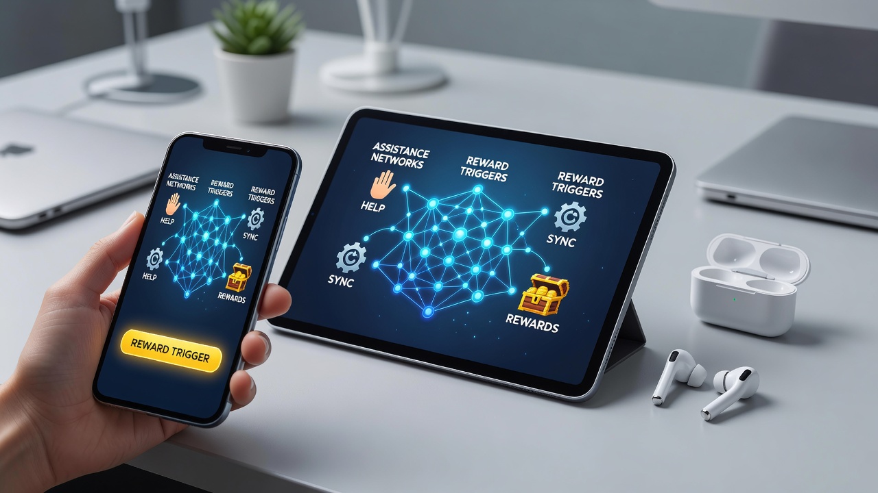Portable interactive entertainment devices displaying synchronized support interfaces and reward activation screens