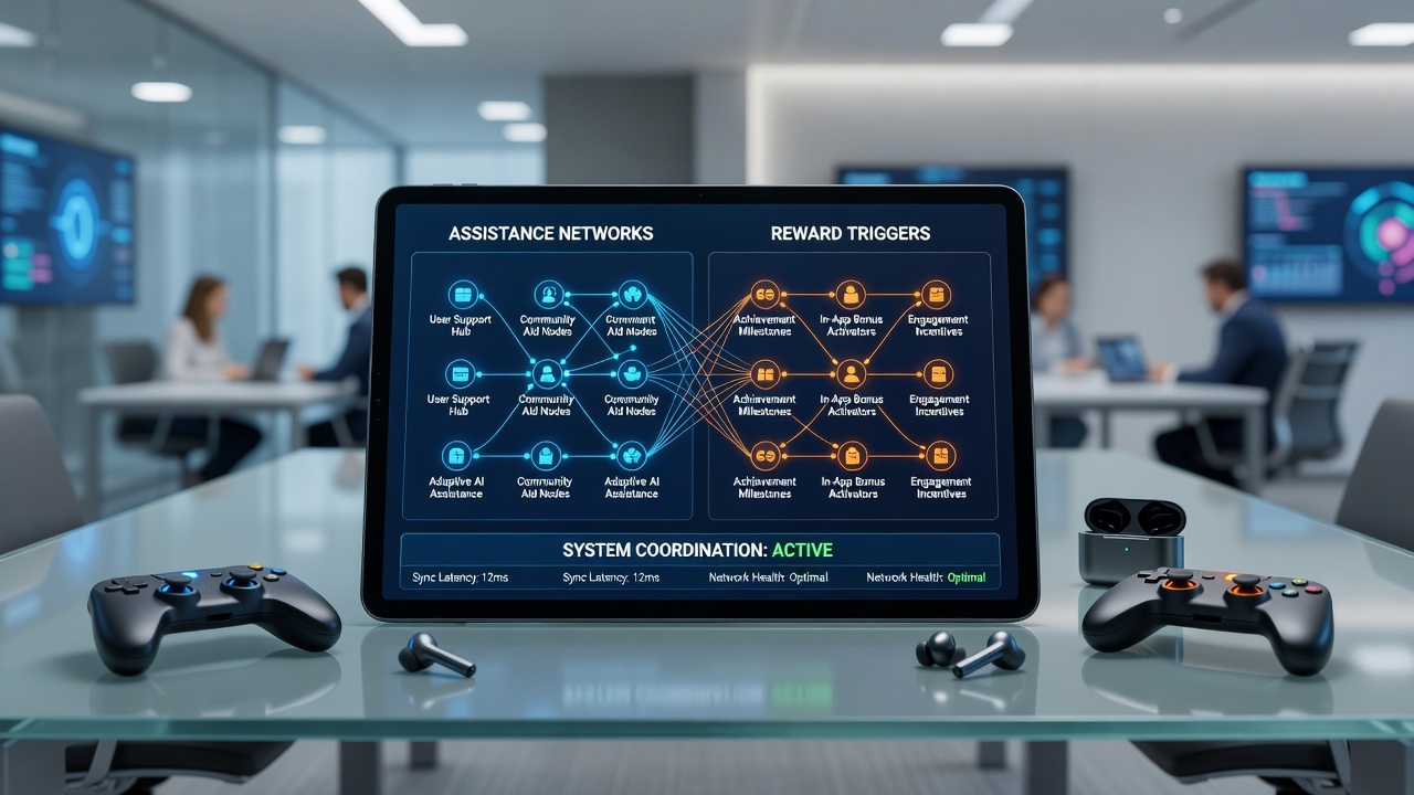 Support dashboard illustrating real-time alignment between assistance protocols and reward activation in mobile entertainment apps