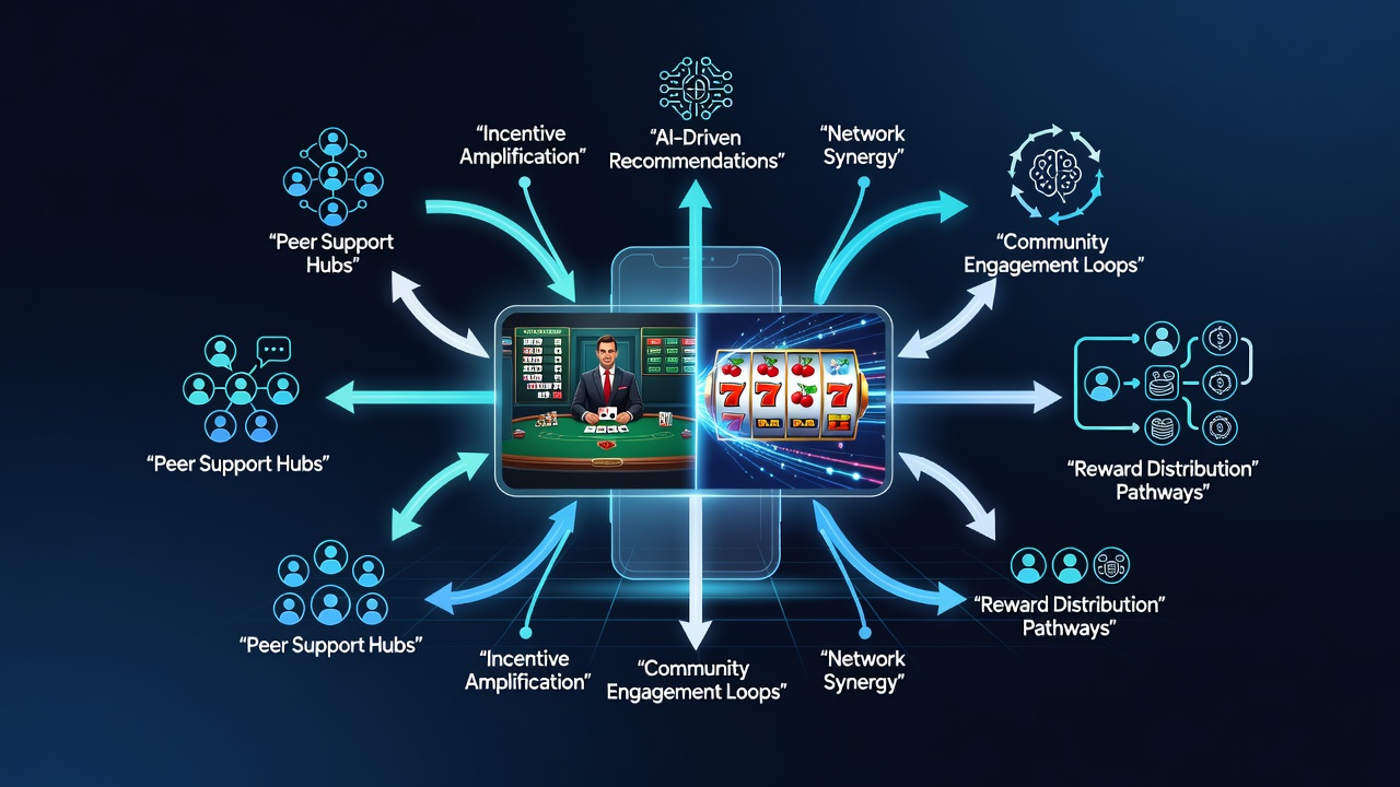 Illustration of connected support network pathways linking mobile live dealer tables, slot reels, transaction logs, and loyalty reward distribution