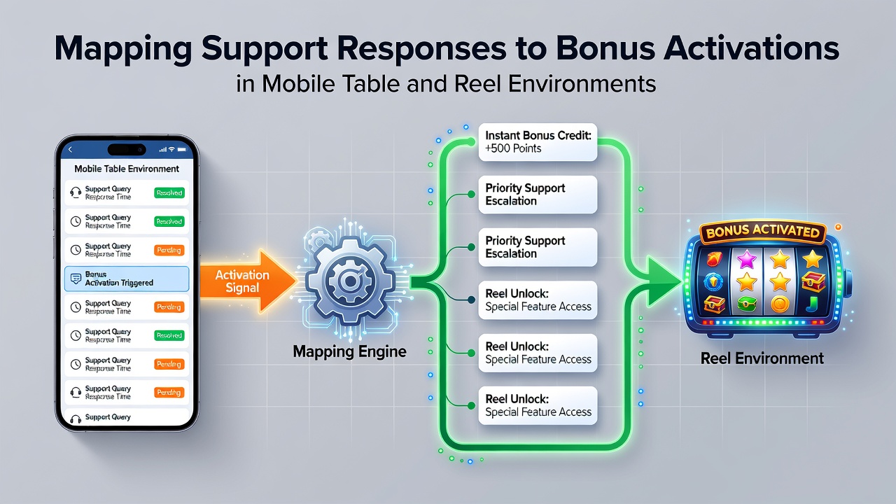 Support dashboard interface displaying mapped responses for bonus activations across mobile table and reel gaming sessions